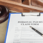 A personal injury claim form on a clipboard with a pen placed on top, next to a judge’s gavel, symbolizing legal action and personal injury lawsuits.