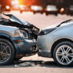 Two cars with severe front-end damage after a head-on collision in the street, illustrating the aftermath of a car accident involving insurance disputes.