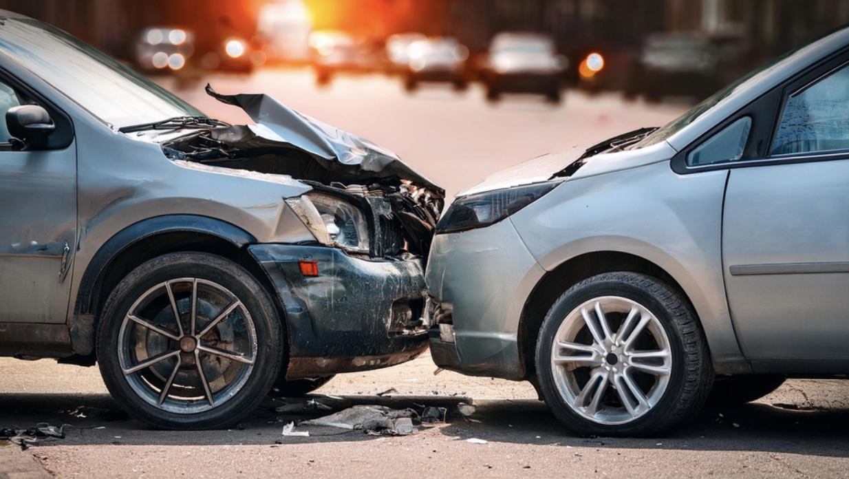 Two cars with severe front-end damage after a head-on collision in the street, illustrating the aftermath of a car accident involving insurance disputes.