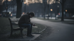 A person sits alone on a bench, gazing downward with a somber expression, embodying the weight of emotional distress and sadness. The scene captures the profound emotional pain that often accompanies personal injury claims and the psychological trauma that can result from traumatic events.