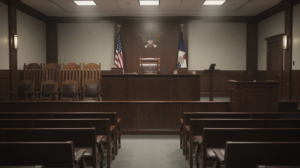 The image depicts a solemn courtroom interior featuring empty jury chairs and a prominent judge's bench, emphasizing the seriousness of legal proceedings where emotional distress claims may arise. This setting serves as a reminder of the weight of personal injury cases and the potential for emotional harm resulting from traumatic events.