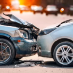 Two cars with severe front-end damage after a head-on collision in the street, illustrating the aftermath of a car accident involving insurance disputes.