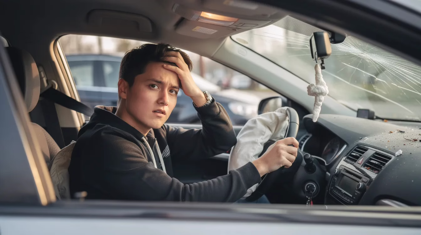 Una persona está sentada en un coche tras un pequeño choque, sujetándose la cabeza con expresión aturdida, y es posible que presente síntomas de conmoción cerebral, como mareos y confusión. Esta escena pone de relieve la importancia de acudir al médico ante cualquier lesión en la cabeza, ya que incluso las lesiones cerebrales traumáticas leves pueden provocar síntomas persistentes tras la conmoción cerebral.