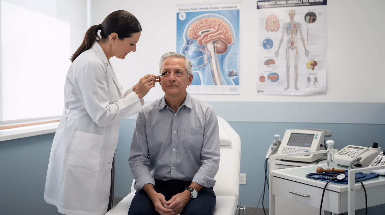 Un profesional sanitario está realizando un examen neurológico a un paciente en un entorno clínico, con el fin de detectar signos de lesión cerebral traumática y evaluar cualquier síntoma de conmoción cerebral. El examen puede incluir la comprobación de la función cognitiva, el equilibrio y los síntomas físicos relacionados con un traumatismo craneal reciente o un accidente de tráfico.