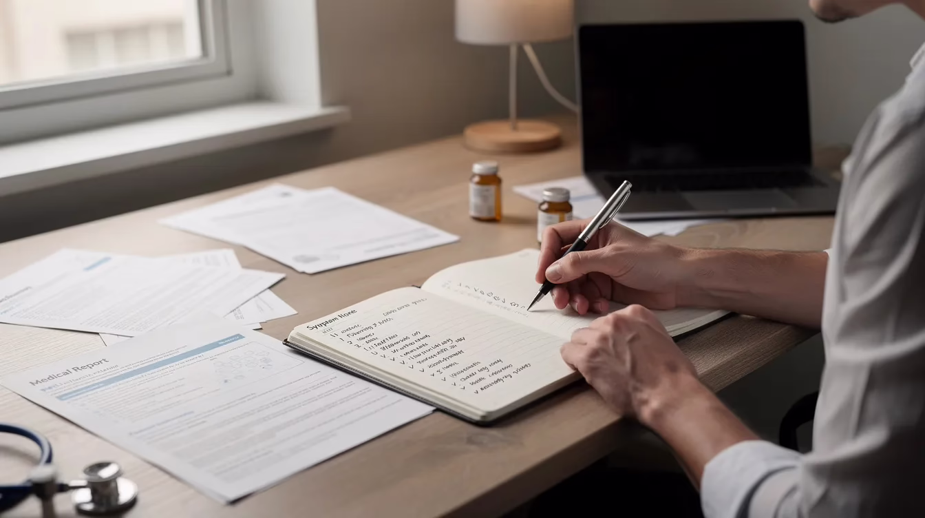Una persona está sentada ante un escritorio, escribiendo en un diario de síntomas mientras se encuentra rodeada de documentos médicos relacionados con su recuperación tras una conmoción cerebral. La escena sugiere que se presta especial atención al seguimiento de los síntomas cognitivos y físicos tras un accidente de tráfico, lo que pone de relieve la importancia de controlar problemas persistentes como los dolores de cabeza y los trastornos del sueño.