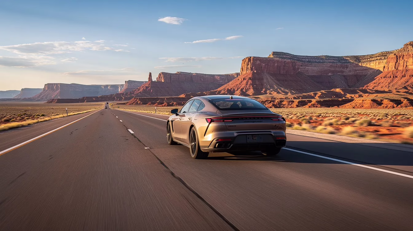 A car is driving along a clear Utah highway with majestic mountains in the background, symbolizing the importance of distraction-free driving. This serene scene highlights the need for safe driving practices to avoid the dangers of distracted driving, such as using a cell phone while behind the wheel.