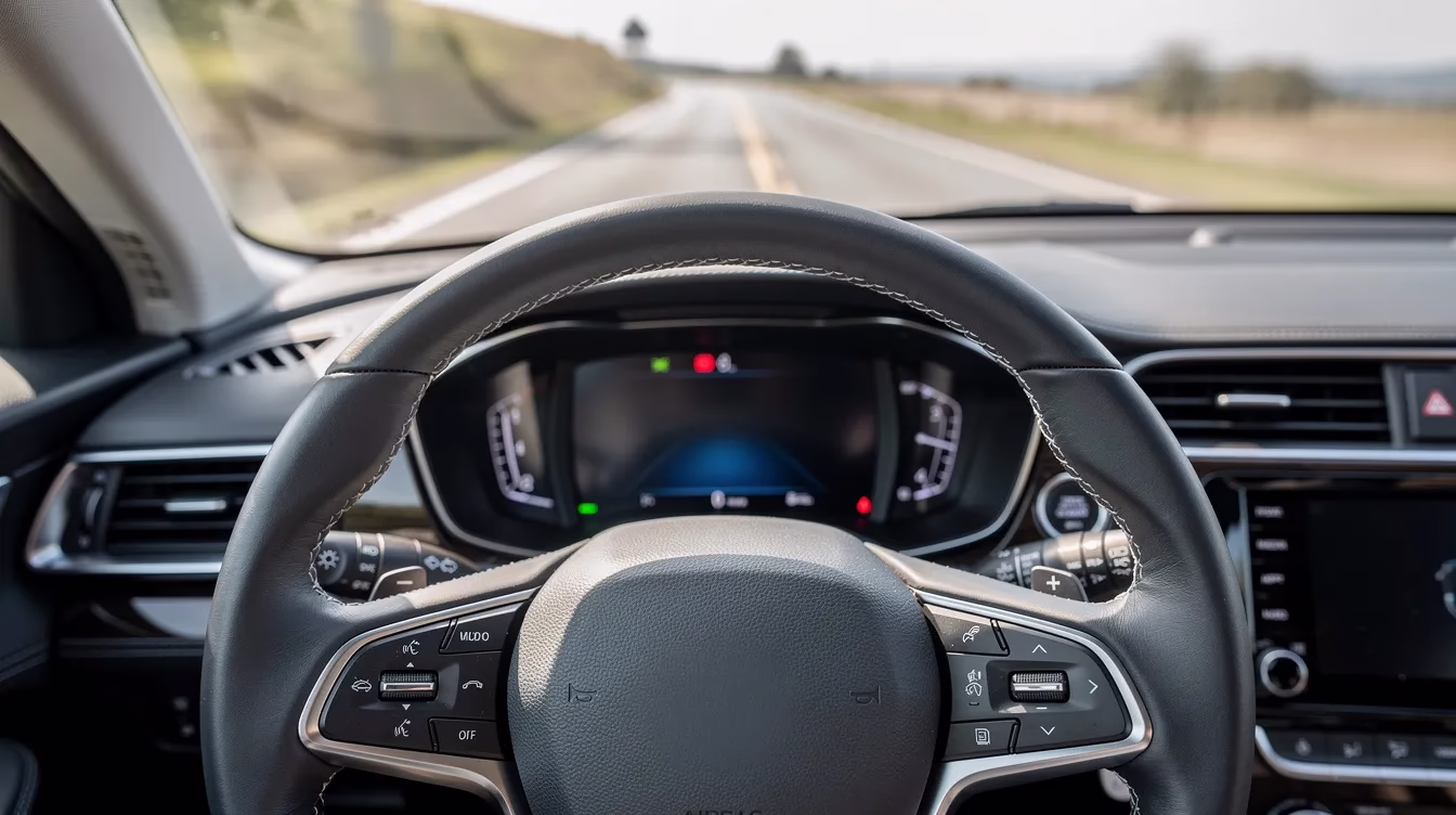 A close-up view of a car dashboard and steering wheel reveals vehicle controls, with a blurred road visible through the windshield, highlighting the potential dangers of distracted driving. This image serves as a reminder of how a distracted driver, possibly using a cell phone, can create serious accidents and safety hazards on the road.