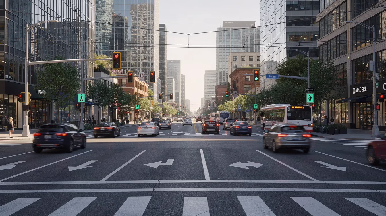 The image depicts a busy urban intersection with multiple lanes of traffic, where vehicles are stopped at traffic signals. This scene highlights the potential dangers of distracted driving, as drivers may be tempted to use their cell phones or engage in other distractions while navigating through the traffic.