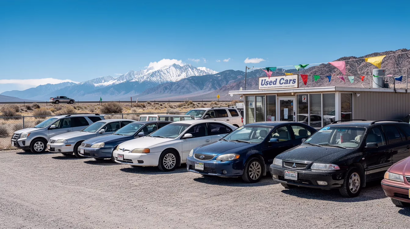 La imagen muestra un concesionario de coches de segunda mano situado en un paisaje montañoso del oeste, en el que se aprecian diversos turismos y todoterrenos aparcados en filas ordenadas bajo un cielo azul y despejado. Esta escena pone de relieve el valor de mercado de los coches disponibles para la venta, que puede verse influido por factores como el estado del vehículo y la demanda local.
