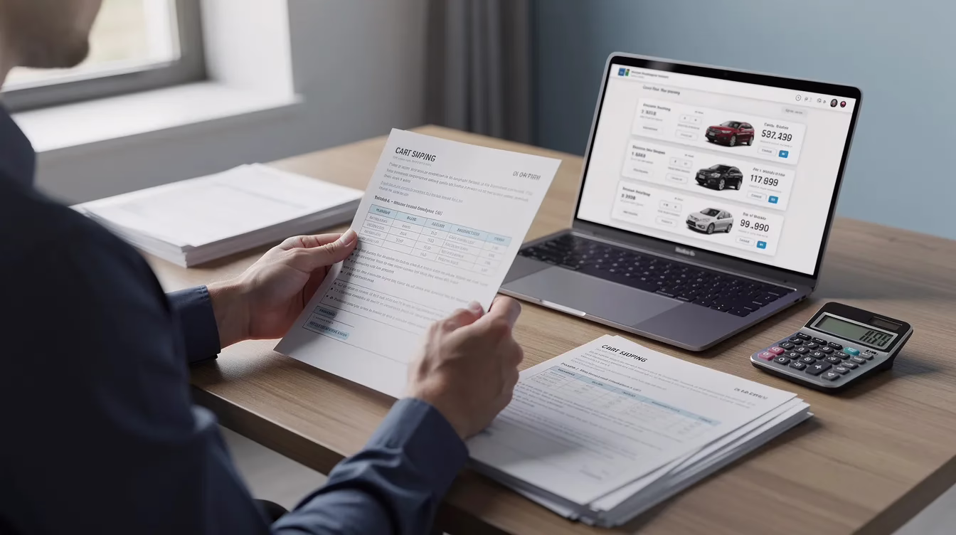Una persona está sentada ante un escritorio, revisando documentos mientras utiliza un ordenador portátil en el que se muestran comparativas de anuncios de coches; probablemente esté evaluando el valor de mercado de un vehículo tras un accidente. También hay una calculadora, lo que sugiere que podría estar calculando el valor real en efectivo o la posible indemnización del seguro por un coche declarado siniestro total.