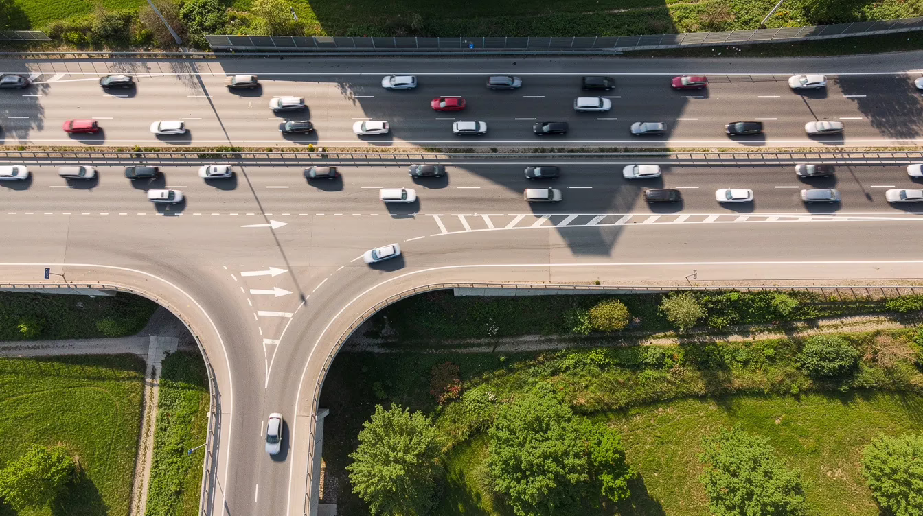 An aerial view captures a busy highway on-ramp where a car is merging into a multi-lane road, illustrating the complexities of lane changes and the potential for a sideswipe collision. The scene highlights the importance of safe driving practices, as one driver may risk an accident by failing to check blind spots before changing lanes.