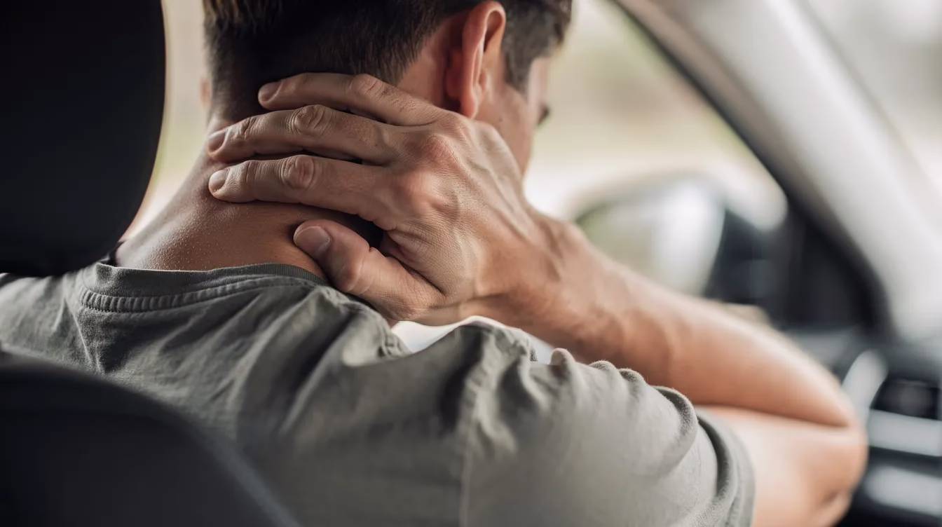 A close-up image shows a person sitting in a car seat, holding the back of their neck in discomfort, indicating neck pain potentially related to a whiplash injury. The expression on their face suggests they may be experiencing severe pain and stiffness, common symptoms following a car accident.