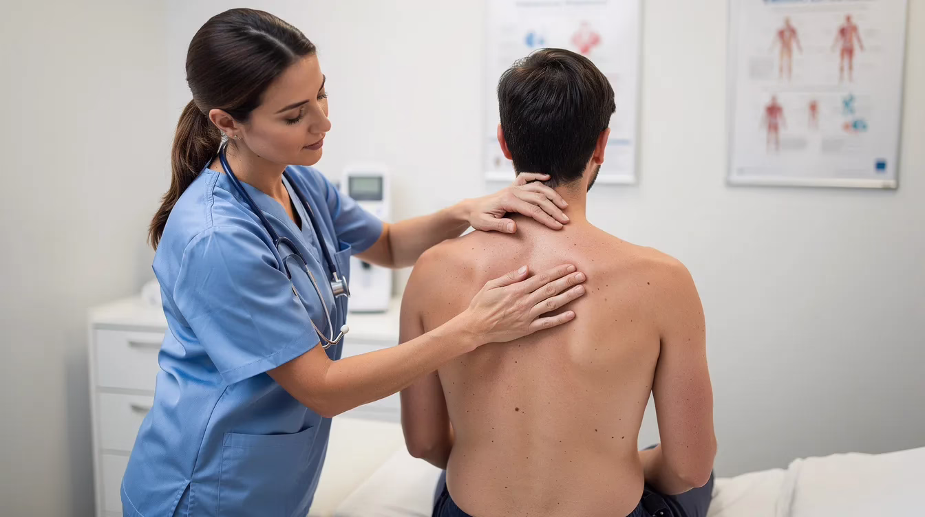A healthcare provider is examining a patient's neck and upper back, focusing on potential neck injury or whiplash symptoms following a car accident. The examination may involve assessing neck movement and range of motion to create an effective treatment plan for managing pain and addressing any ongoing symptoms.