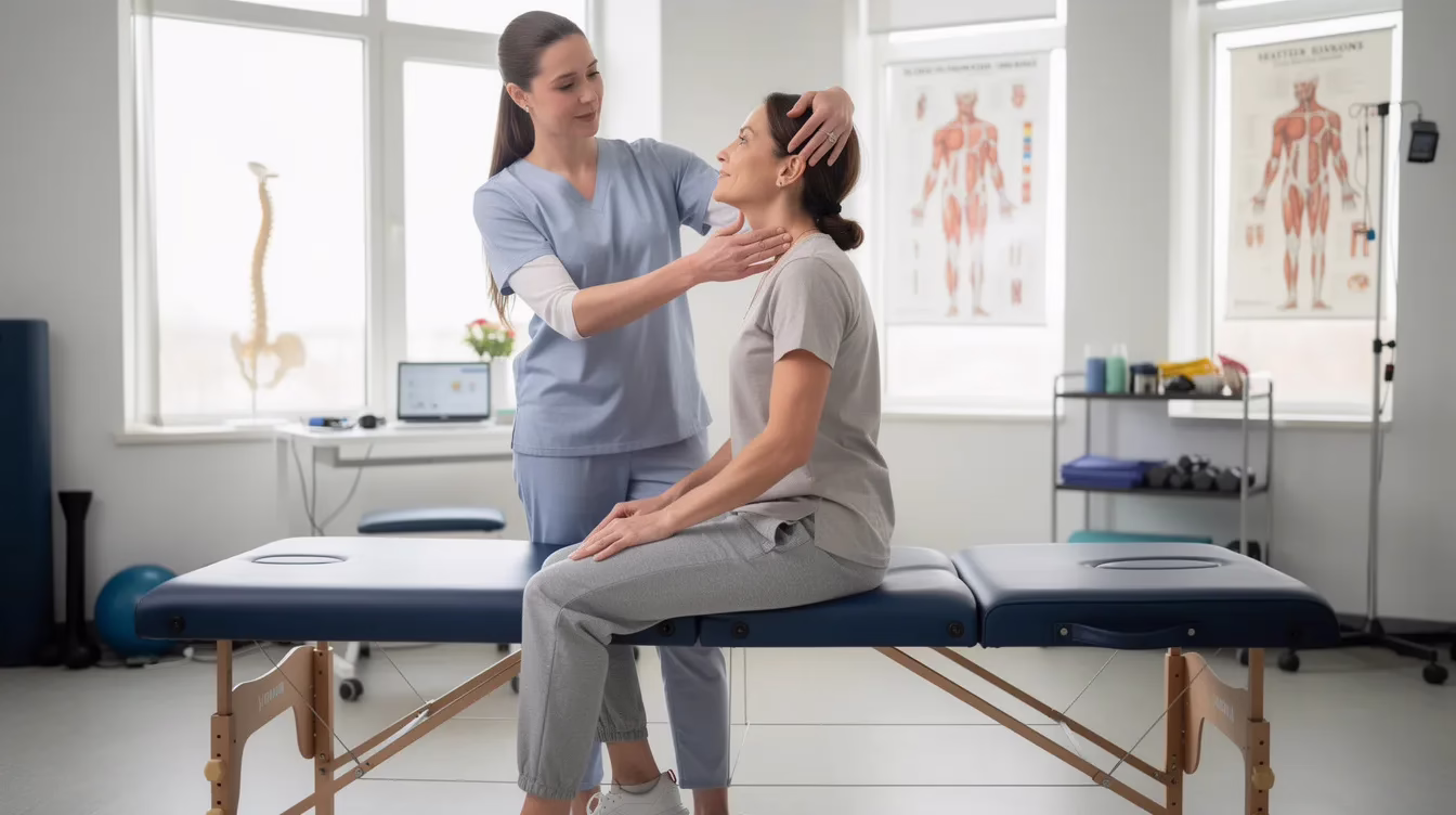 A person is performing gentle neck stretching exercises during a physical therapy session to alleviate neck pain and improve range of motion, which is essential for recovery from whiplash injuries. This treatment plan is crucial for managing symptoms of whiplash and reducing ongoing pain associated with neck strain.