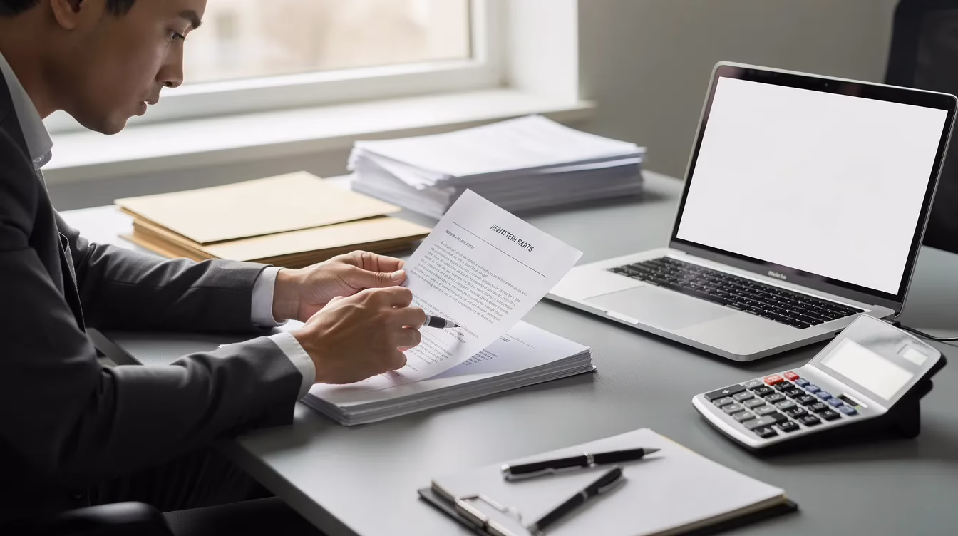 A person is sitting at a desk, intently reviewing legal documents with a calculator and a laptop nearby, suggesting they are preparing for a car accident claim. This scene highlights the importance of legal representation in personal injury cases, where experienced car accident attorneys assist clients in navigating the legal process and understanding attorney fees.