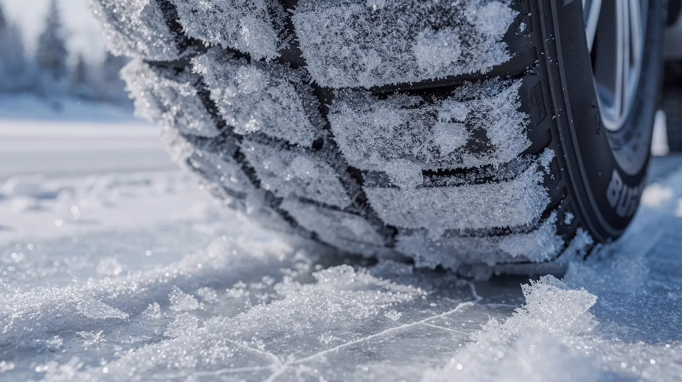 La imagen muestra un primer plano de las bandas de rodadura de unos neumáticos que se agarran a una calzada nevada, con cristales de hielo visibles que ponen de relieve las condiciones meteorológicas invernales. Este detalle subraya la importancia de utilizar neumáticos de nieve para conseguir una mejor tracción y control al conducir sobre nieve y hielo.