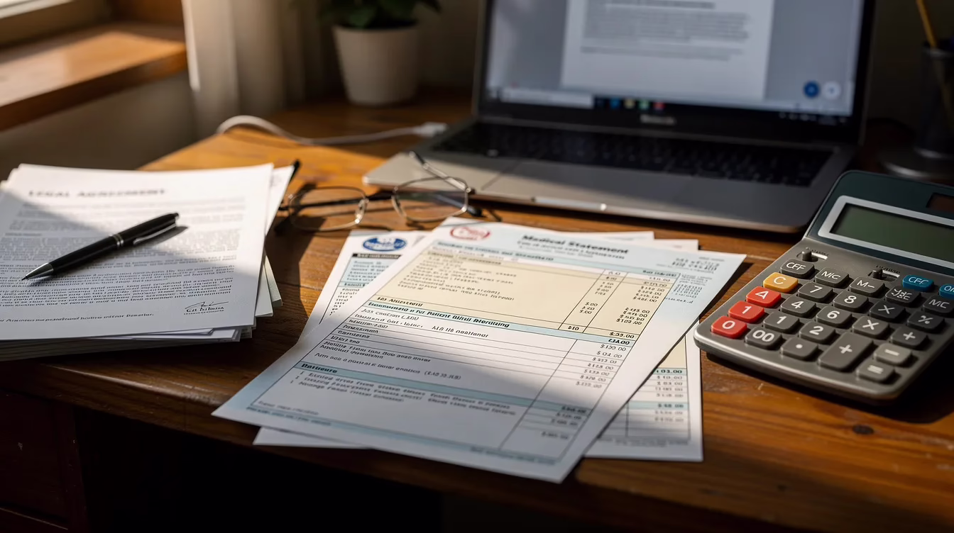 How to Calculate Car Accident Settlement in Utah Image #1 The image depicts a cluttered desk featuring medical bills, a calculator, and various legal documents, all essential for reviewing a personal injury claim related to a car accident. This setup suggests a financial and legal analysis of medical expenses and potential settlement amounts for injury victims.