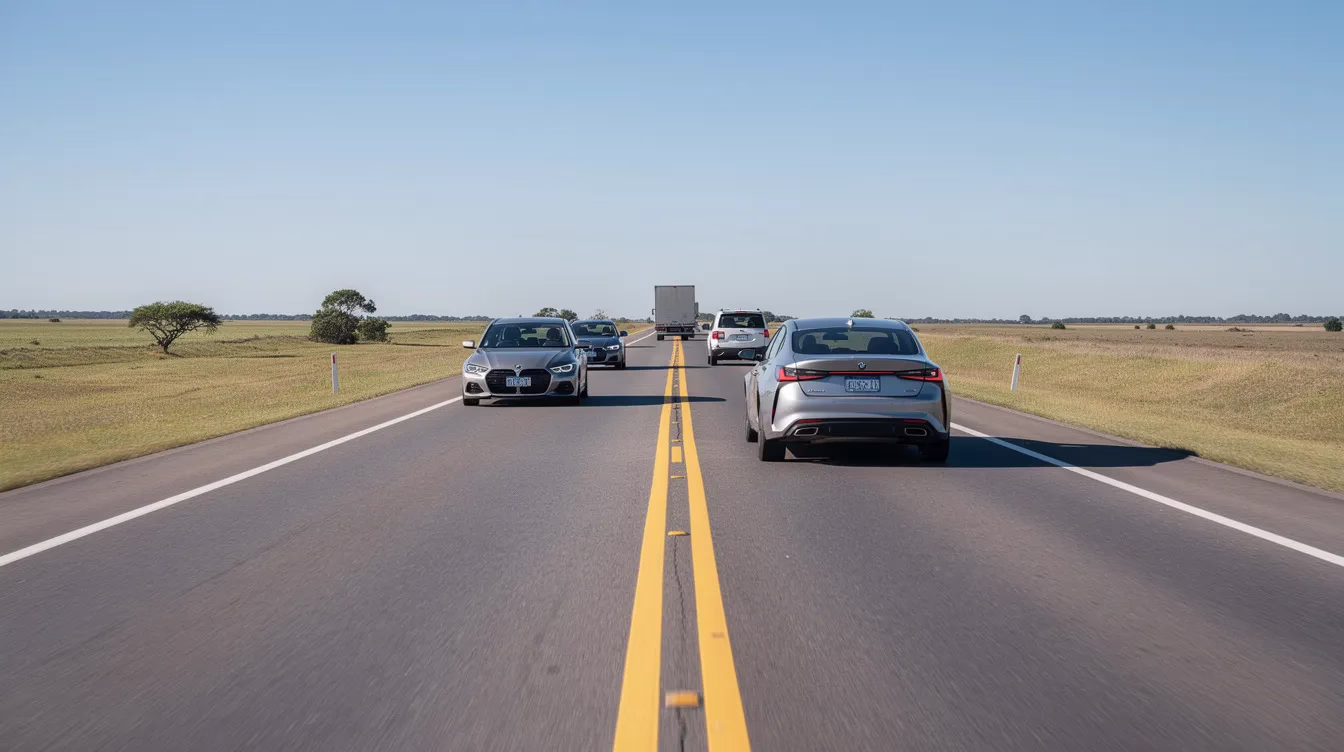Is Brake Checking Illegal The image depicts a two-lane highway where vehicles are maintaining a safe following distance under clear skies, illustrating responsible driving behavior that helps prevent rear-end collisions and car accidents. This scene contrasts with dangerous behaviors like tailgating and brake checking, which can lead to serious injuries and legal complications.