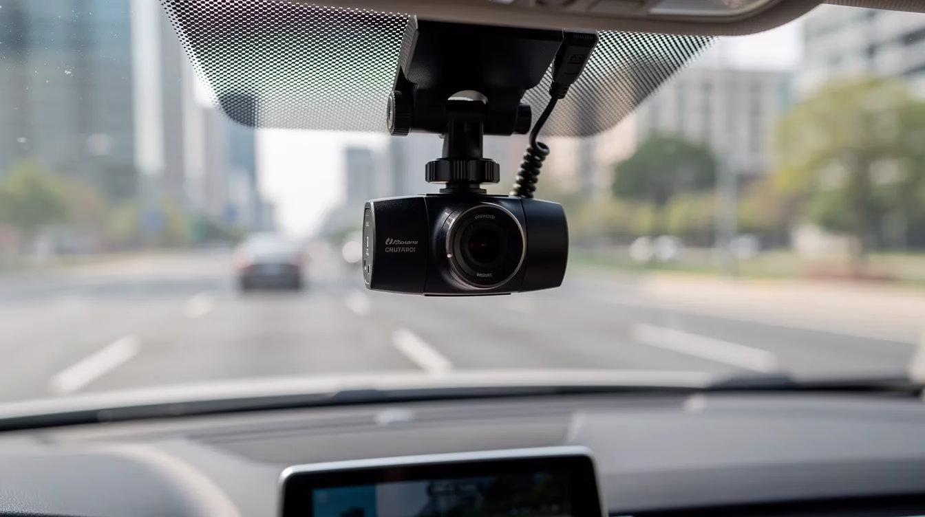 Is Brake Checking Illegal The image shows a close-up view of a vehicle's dashboard camera mounted on the windshield, capturing the road ahead. This dashcam footage can provide crucial evidence in cases of rear-end collisions or brake check accidents, helping to prove fault and assess any potential reckless driving behavior.