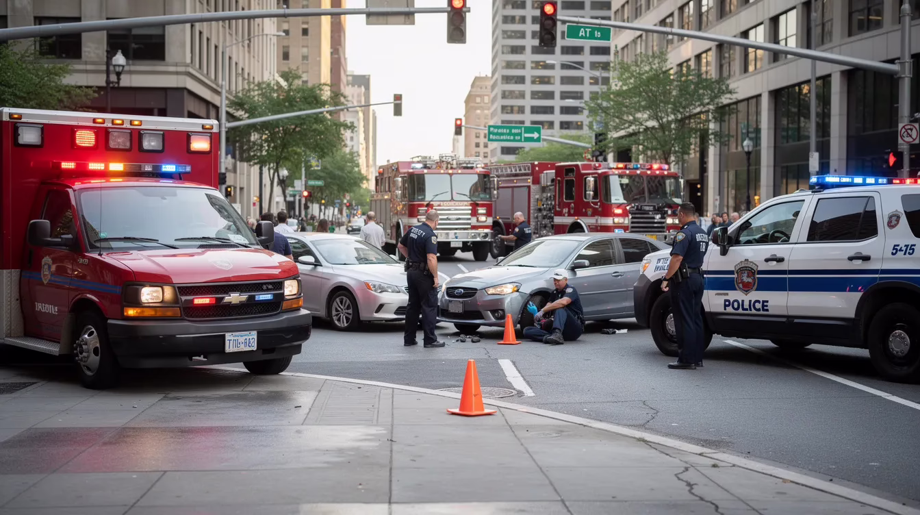 Is Brake Checking Illegal The image depicts an intersection where multiple emergency vehicles, including police cars and ambulances, are responding to a minor vehicle collision. The scene highlights the aftermath of a rear end accident, emphasizing the importance of maintaining a safe following distance to avoid dangerous situations like brake checking, which can lead to serious injuries and liability issues.