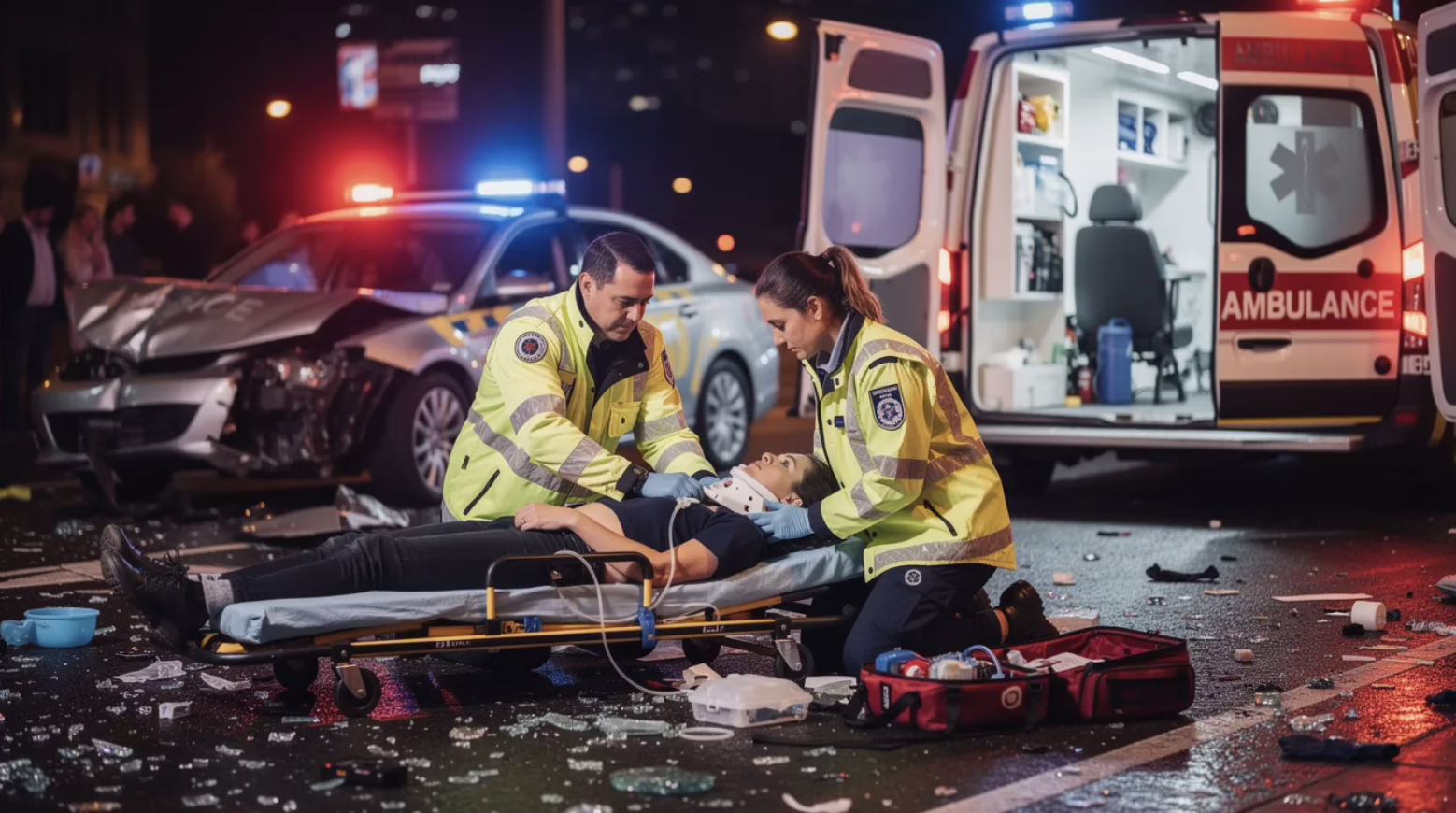 Lady Injured from Car Accident Being Loaded on Stretcher into Ambulance Una mujer herida en un accidente de tráfico es trasladada en camilla a la ambulancia