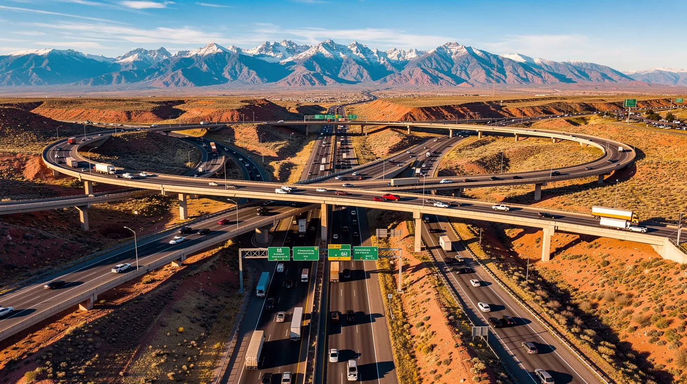 The image depicts a busy highway interchange in Utah, surrounded by majestic mountains, with multiple lanes of traffic bustling through. This scene highlights the potential for serious car accidents, emphasizing the importance of having an experienced car accident lawyer to navigate the complexities of personal injury claims and insurance negotiations.