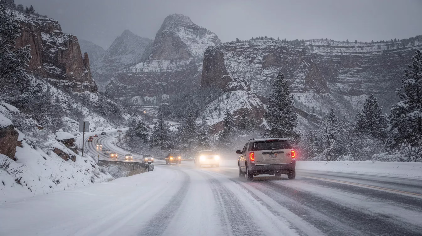 The image depicts a snowy road in Utah, with several vehicles cautiously navigating through winter conditions while surrounded by majestic mountains. This scene highlights the potential risks of car accidents that can occur in such weather, emphasizing the importance of having a skilled provo car accident attorney to assist victims with their claims.