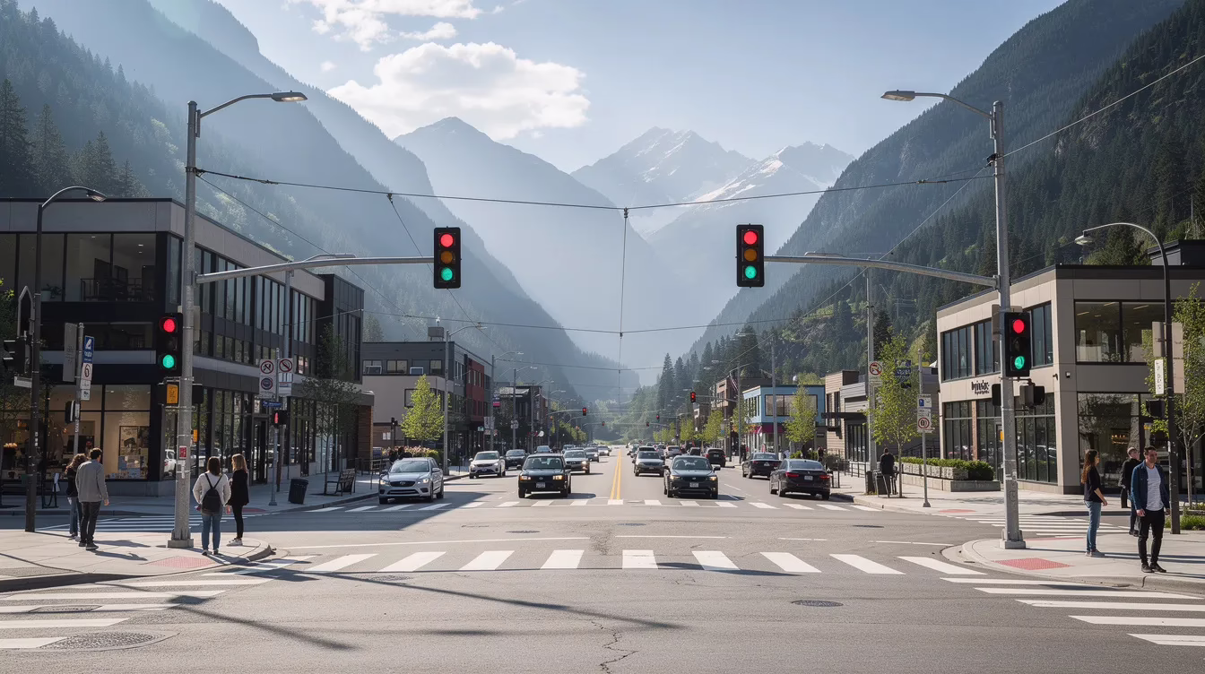 An urban intersection in a mountain valley city features crosswalks and traffic signals, with cars navigating the area. This scene highlights the importance of safe driving to prevent car accidents and protect car accident victims from serious injuries.
