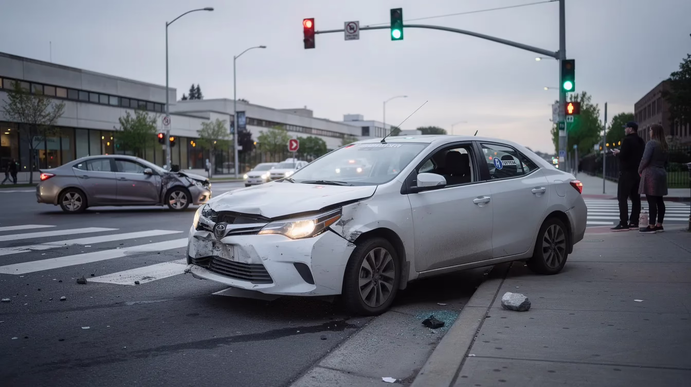 Rental Car Accident Not At Fault - Image #1 The image shows a damaged rental car parked at the roadside after a collision with another vehicle at an intersection, highlighting the aftermath of a rental car accident. The scene captures the vehicle's visible dents and scratches, emphasizing the importance of understanding rental car coverage and insurance claims in such situations.