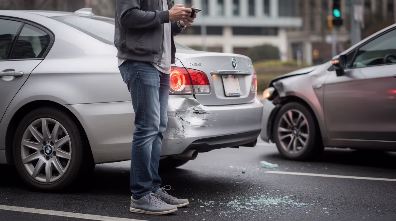 Rental Car Accident Not At Fault A person is taking photos of vehicle damage at a car accident scene using their smartphone, while another car is parked nearby. This situation may involve a rental car accident, highlighting the importance of documenting damage for insurance claims and potential legal counsel.