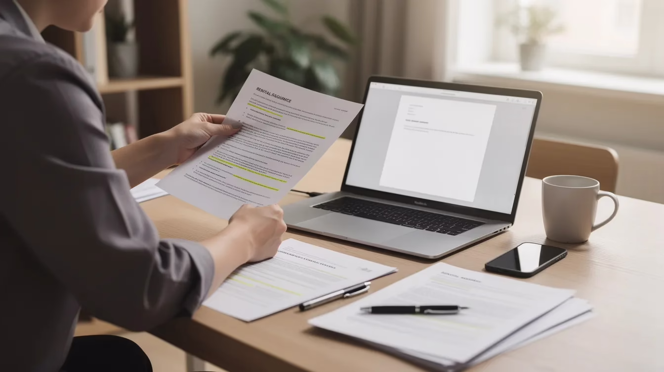 Rental Car Accident Not At Fault - Image #3 A person is seated at a desk, intently reviewing insurance documents and a rental agreement alongside a laptop, indicating a focus on understanding their rental car coverage and potential claims related to a rental car accident. The scene suggests a careful examination of the terms and conditions that could affect their rental car costs and insurance claim process.