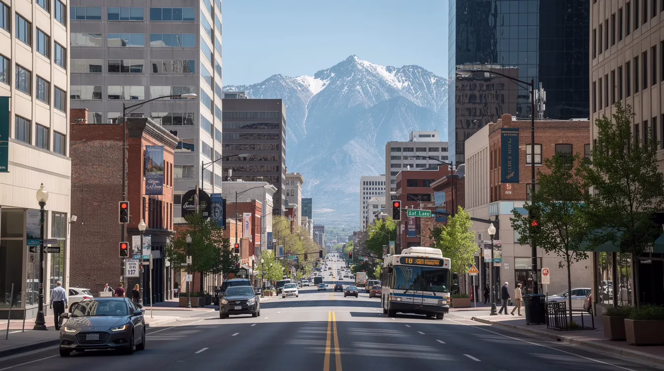 The image depicts a bustling downtown Salt Lake City street, lined with modern office buildings, while the majestic mountains loom in the background. This vibrant scene reflects the city’s dynamic atmosphere, where legal professionals, such as wrongful death lawyers, work to support surviving family members in navigating the complexities of wrongful death claims.