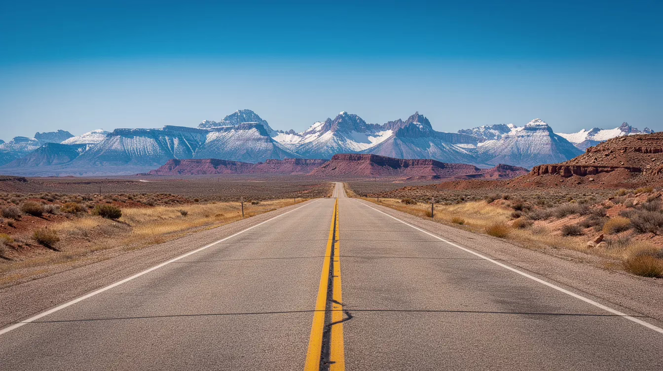 The image depicts a wide highway in Utah, leading towards majestic snow-capped mountains under a clear blue sky, symbolizing the journey of surviving family members navigating the legal process after a loved one's death. This serene landscape contrasts with the complexities of wrongful death cases, where families may seek the assistance of a Salt Lake City wrongful death lawyer to pursue compensation for their loss.