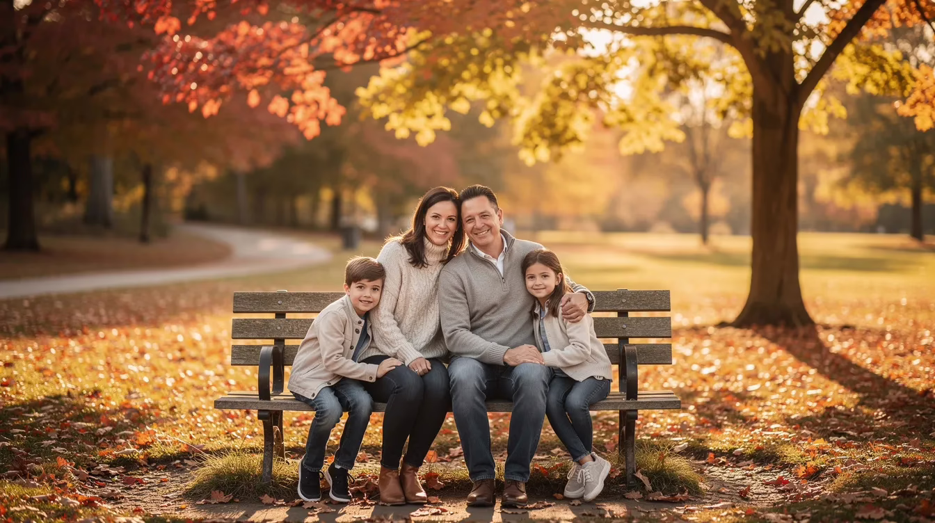 A family is gathered together in a peaceful park surrounded by vibrant autumn trees, enjoying each other's company during such a difficult time. This scene captures the essence of love and support among surviving family members, often crucial when navigating the legal process of a wrongful death claim in Salt Lake City.