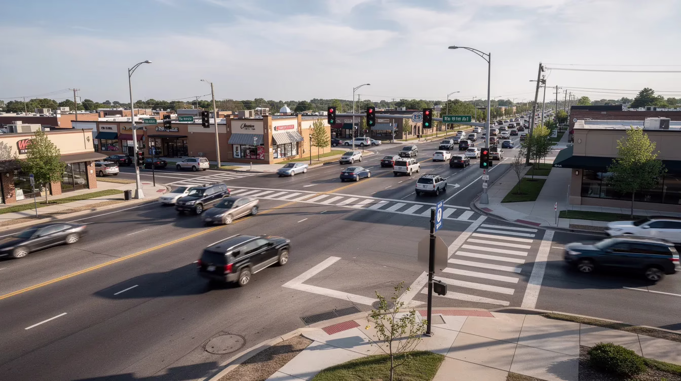 Sandy Car Accident Lawyer Image #1 The image shows a busy suburban intersection during the daytime, filled with multiple lanes of cars and traffic signals. This scene is typical of areas where car accidents may occur, highlighting the importance of having an experienced personal injury attorney to assist with any potential car accident claims.