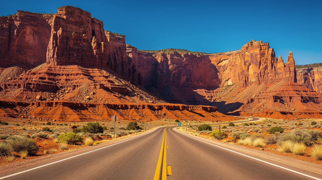 La imagen muestra una carretera sinuosa en el desierto de Utah, flanqueada por impresionantes formaciones rocosas rojas bajo un cielo azul y despejado, lo que simboliza la belleza y el aislamiento de la región. Este paisaje sereno sirve de telón de fondo para las reclamaciones por daños personales relacionadas con accidentes de tráfico que puedan producirse en este tipo de carreteras, lo que pone de relieve la importancia de conocer la legislación de Utah y el plazo de prescripción para presentar una demanda por daños personales.