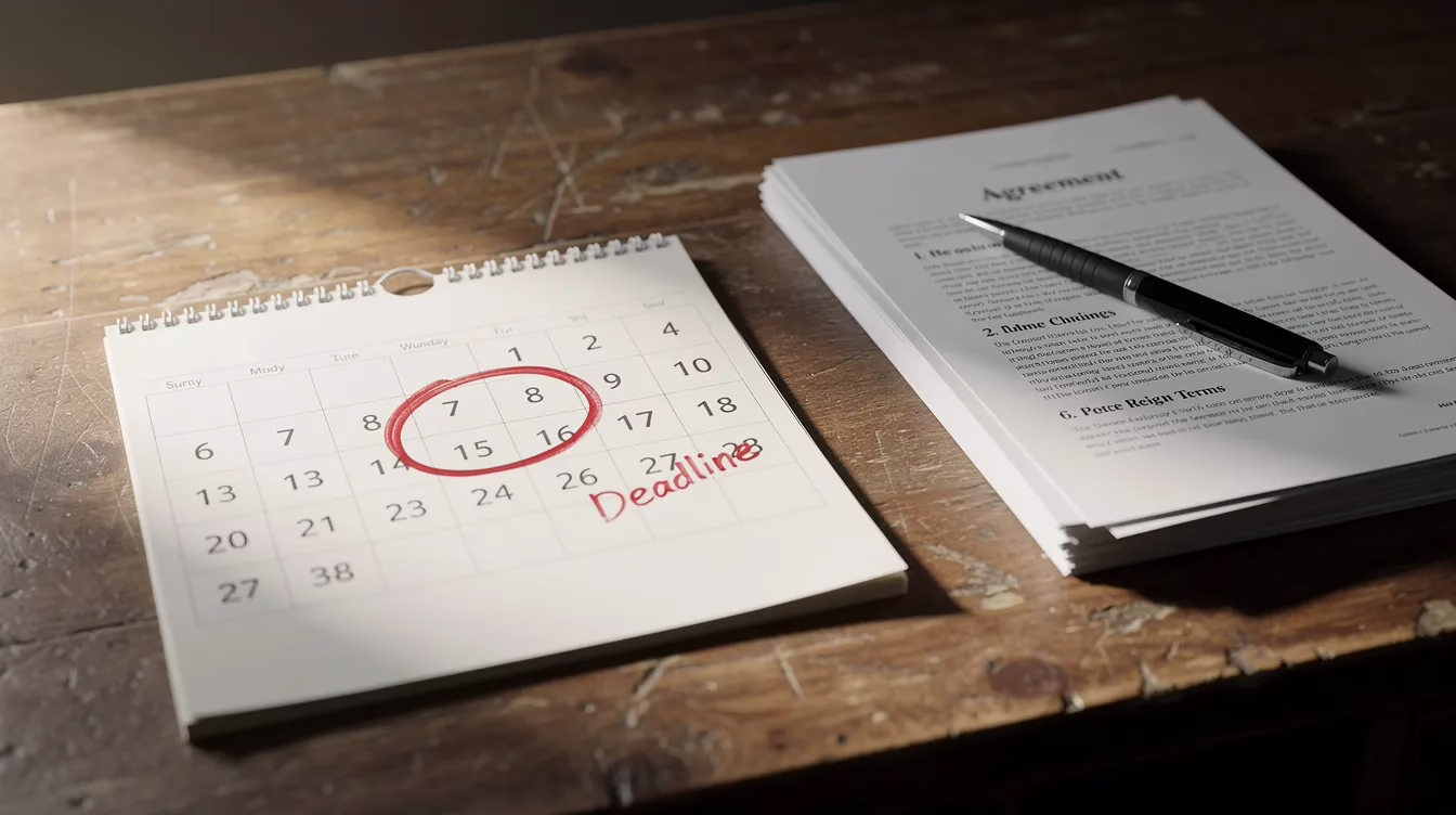 Un primer plano de una página de calendario muestra una fecha límite marcada con un círculo rojo, situada sobre un escritorio de madera junto a diversos documentos legales relacionados con reclamaciones por daños personales. Esta escena sugiere la importancia de emprender acciones legales a tiempo, como presentar una demanda por daños personales conforme a la legislación de Utah, especialmente en casos relacionados con accidentes de tráfico y gastos médicos.