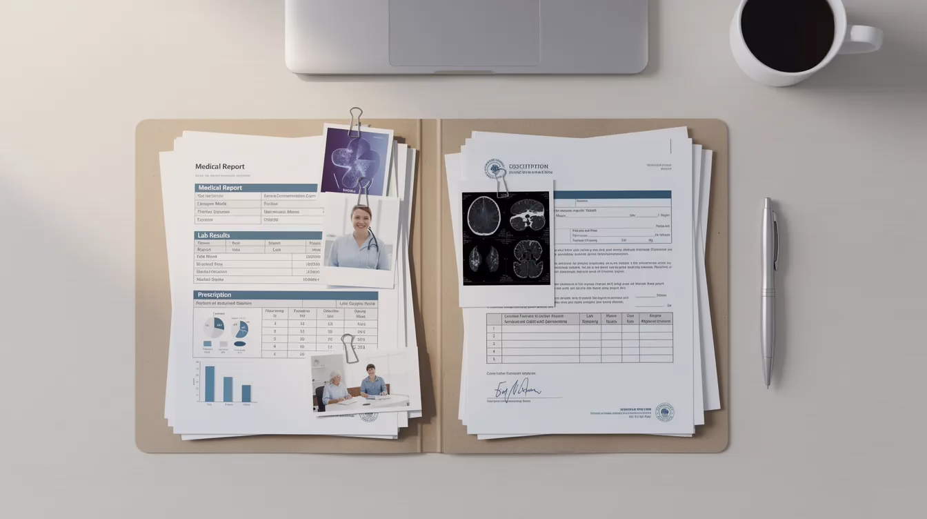 La imagen muestra una carpeta bien organizada, llena de documentos médicos, fotografías y documentación oficial, ordenados cuidadosamente sobre un escritorio limpio, lo que sugiere que se está preparando un caso de daños personales relacionado con un accidente de tráfico. Esta documentación puede incluir elementos esenciales, como historiales médicos e informes del accidente, que son fundamentales para interponer una demanda por daños personales conforme a la legislación de Utah.