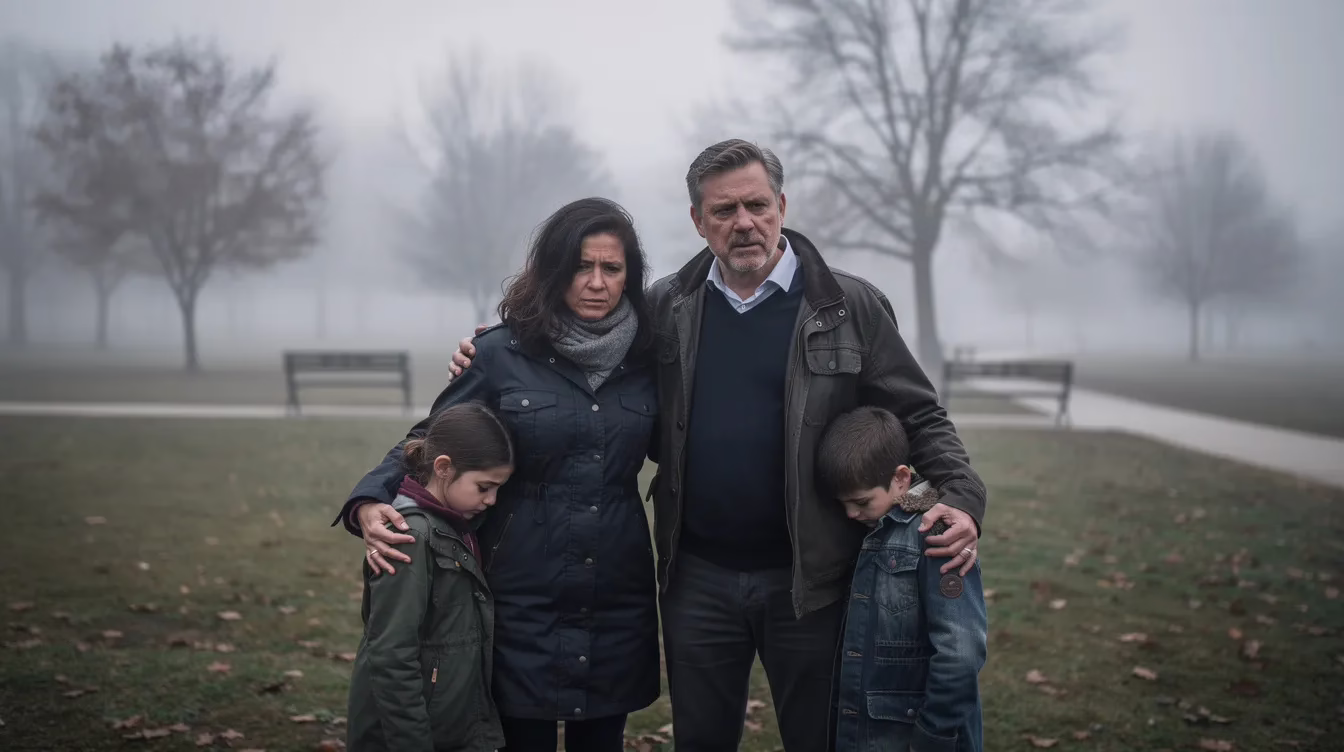Una familia abatida se encuentra reunida en un parque tranquilo en un día nublado, reflexionando sobre el peso emocional que supone la muerte de su ser querido. Es posible que estén barajando la posibilidad de interponer una demanda por homicidio culposo en busca de justicia y una indemnización económica por su pérdida, rodeados por el ambiente sereno, aunque melancólico, del parque.