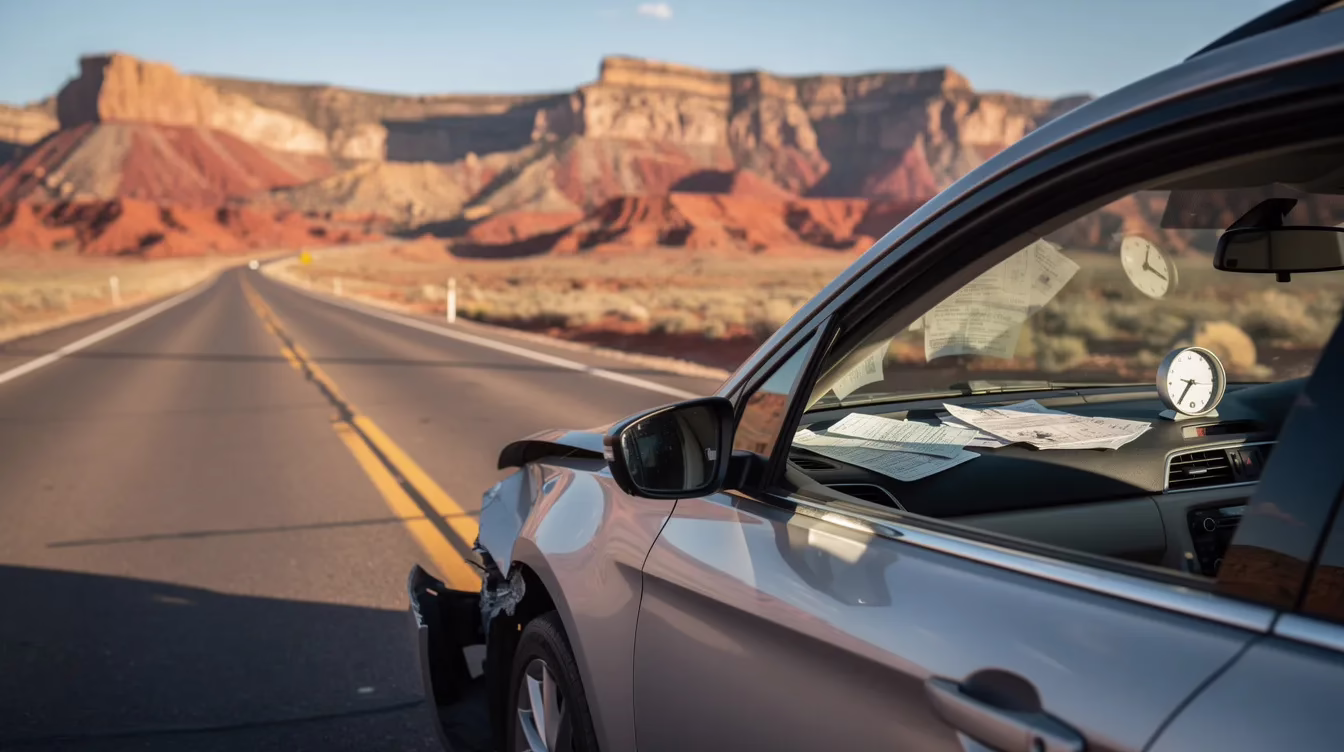 When Is It Too Late to Get a Lawyer for a Car Accident in Utah Image #1 The image depicts a car on a Utah road with mountains in the background, showing signs of a minor collision. Inside the vehicle, documents and a clock are visible on the dashboard, suggesting the driver may be considering their legal rights and whether to hire a car accident lawyer for assistance with insurance claims and potential medical expenses.