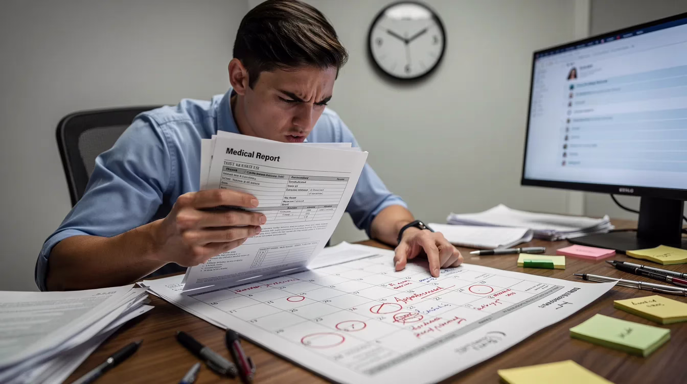 When Is It Too Late to Get a Lawyer for a Car Accident in Utah Image #2 A person is intently reviewing medical documents and a calendar at their desk, conveying a sense of urgency likely related to a car accident. The scene suggests they are preparing to deal with insurance companies and legal matters, possibly considering hiring a car accident attorney for their personal injury claim.
