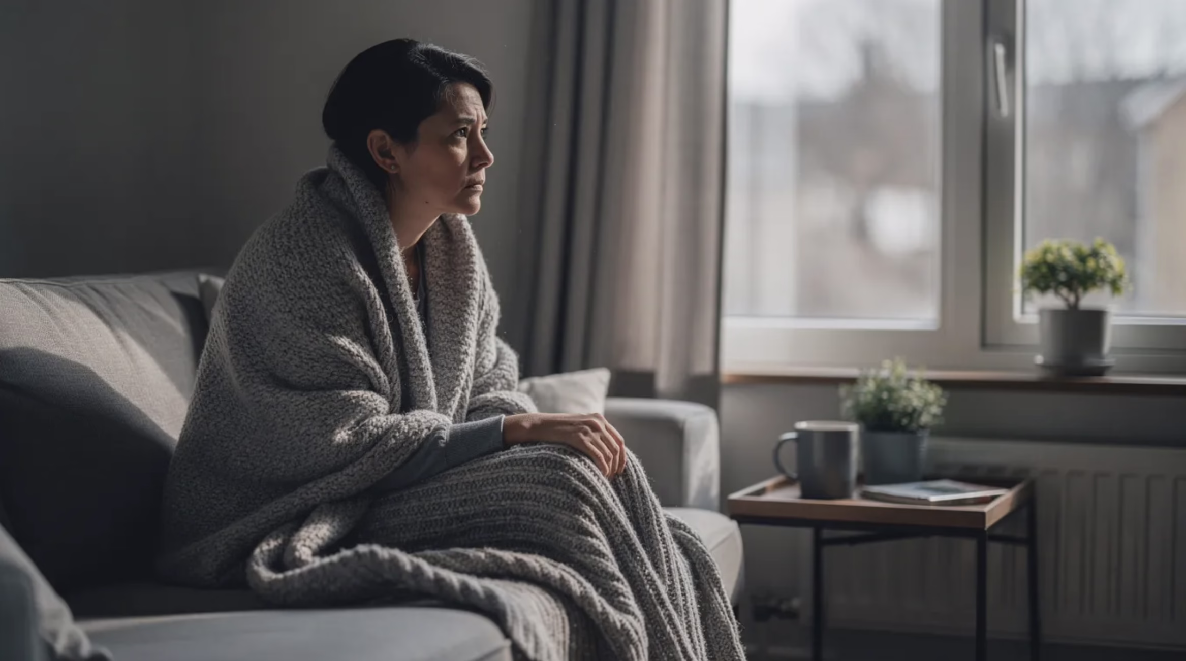 Woman Sitting on a Couch Looking Distressed Woman Sitting on a Couch Looking Distressed