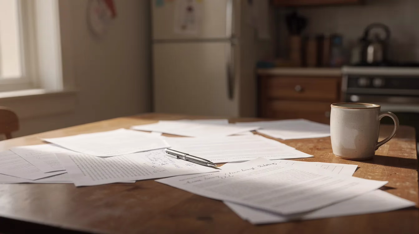 La imagen muestra una tranquila mesa de cocina familiar bañada por la luz natural, llena de papeles esparcidos y un bolígrafo, lo que sugiere que se están llevando a cabo conversaciones o preparativos relacionados con asuntos importantes, entre los que podrían figurar una demanda por homicidio culposo o documentos legales. El ambiente acogedor da a entender que se trata de un entorno de apoyo para los miembros de la familia que se enfrentan a cuestiones complejas, como una demanda por homicidio culposo.