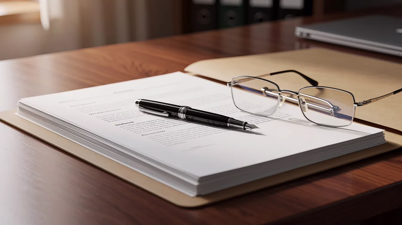 Wrongful death from auto accident (relate to Car hub) 2 The image depicts a quiet office desk featuring neatly arranged legal documents, a pen, and a pair of reading glasses resting on an open folder, suggesting a workspace focused on personal injury law, possibly related to car accident cases and claims for financial compensation.
