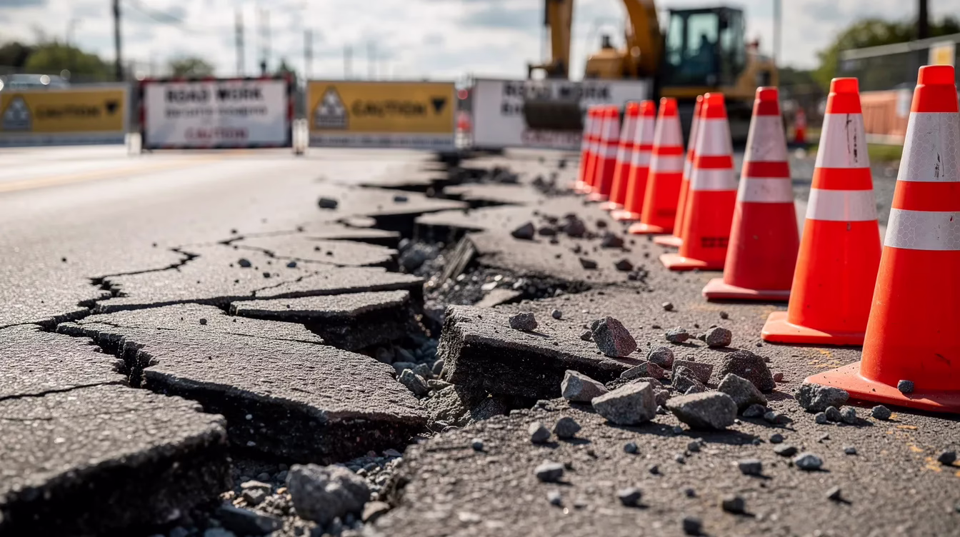 causes of motorcycle accidents 2 The image depicts a stretch of road with visible cracks and debris near a construction zone, marked by traffic cones, highlighting potential road hazards that can lead to motorcycle accidents. This scene serves as a reminder for motorcycle riders to be vigilant and ride defensively to avoid dangerous situations that could result in injuries or fatalities.