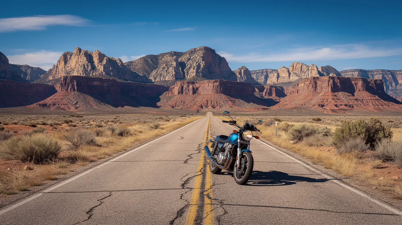 A motorcycle is parked on a serene rural road in Utah, surrounded by stunning mountain scenery. This image captures the essence of motorcycle riding in Utah, highlighting the beauty of the landscape that many riders enjoy while considering the importance of motorcycle insurance coverage for safety and peace of mind.