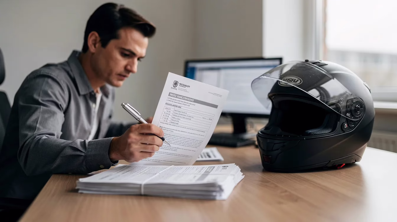 The image shows a person sitting at a desk, carefully reviewing motorcycle insurance documents, with a motorcycle helmet placed nearby. This scene emphasizes the importance of understanding insurance coverage options, such as liability coverage and underinsured motorist coverage, especially for motorcycle riders in Utah.