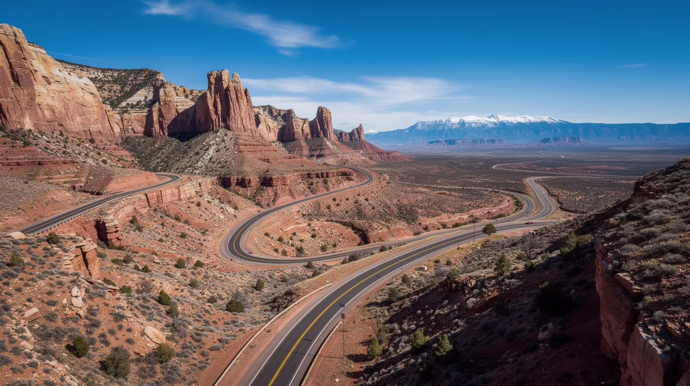 An aerial view captures a winding mountain highway in Utah, showcasing open lanes surrounded by rugged terrain and greenery. This scenic route is popular among motorcycle riders, emphasizing the importance of having adequate motorcycle insurance coverage for safety on the road.