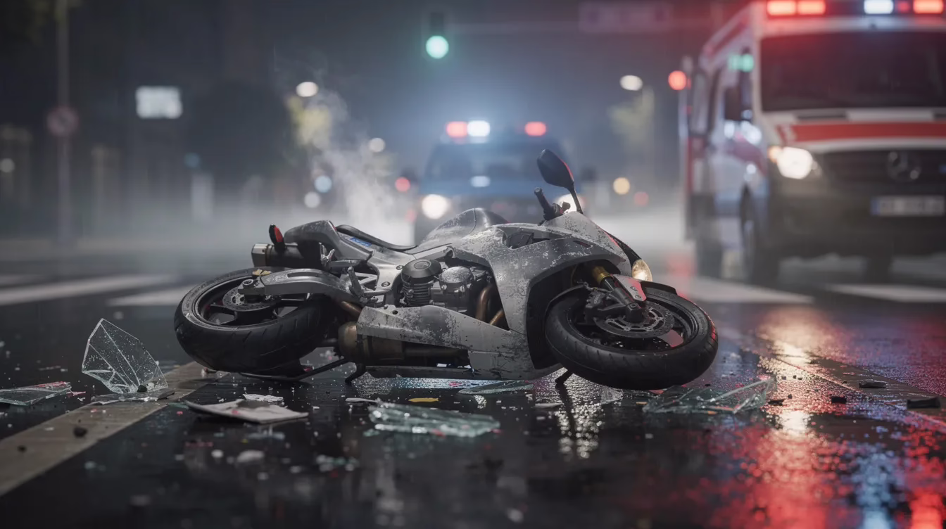 La imagen muestra una motocicleta dañada tumbada de lado en un cruce, con las luces intermitentes de un vehículo de emergencia al fondo. Esta escena pone de relieve las consecuencias de un accidente de motocicleta, que puede provocar lesiones graves y la necesidad de presentar una reclamación por accidente de motocicleta para obtener una indemnización justa por los gastos médicos y otros daños.