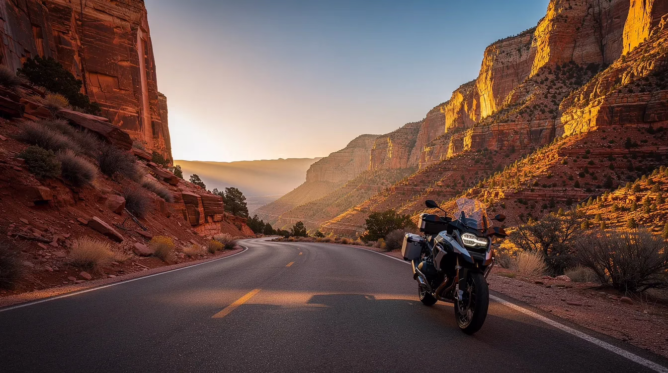 provo motorcycle accident lawyer 1 A motorcycle is parked along a winding mountain canyon road in Utah, bathed in the warm glow of golden hour. The scenic backdrop highlights the beauty of the landscape, offering a serene moment for riders, while also reminding potential motorcycle accident victims of the importance of safety and legal representation in the event of a crash.